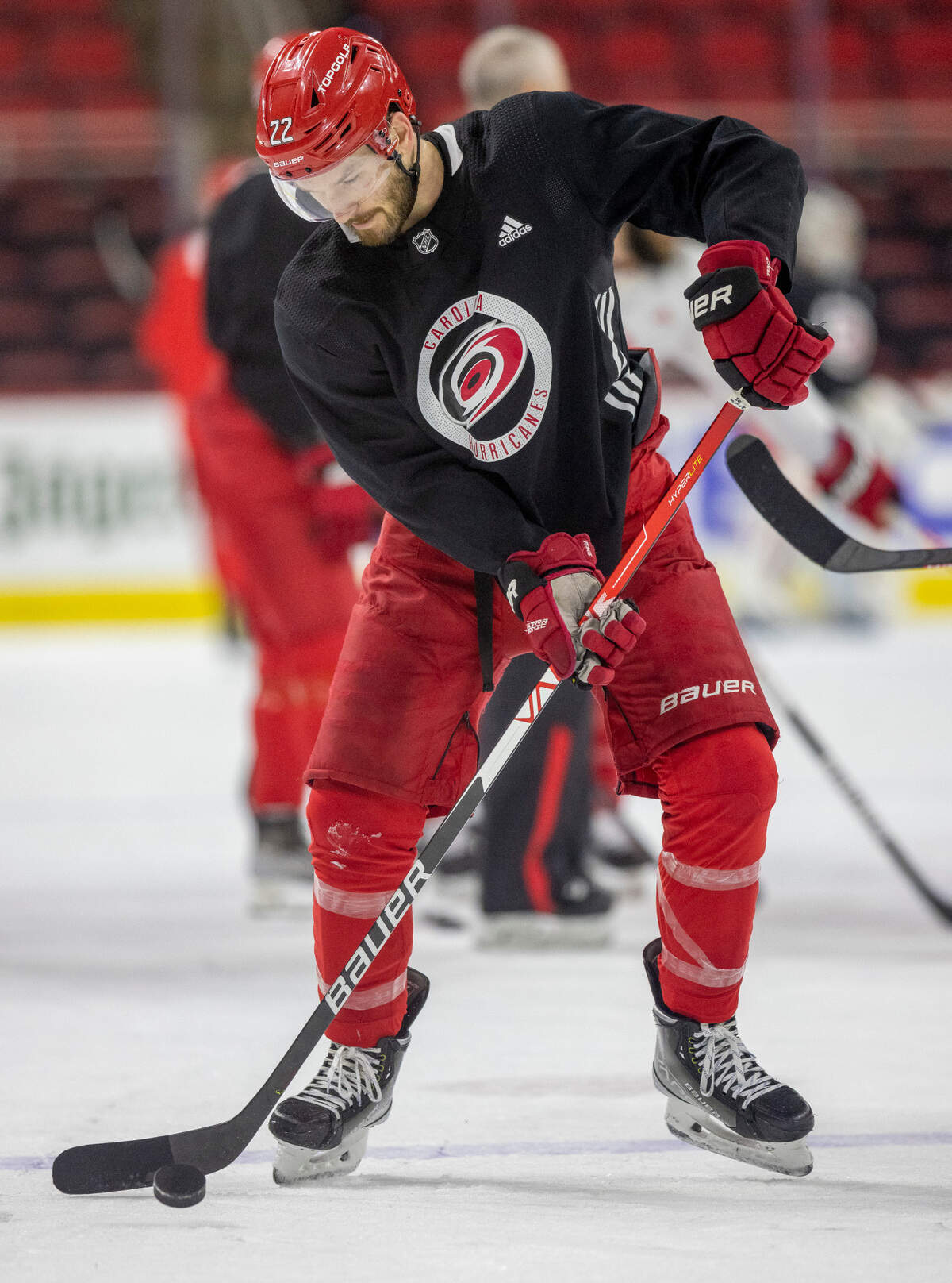 The Carolina Hurricanes Brett Pesce (22) works on his shooting form during their practice on Monday, May 15, 2023 at PNC Arena in Raleigh, N.C.