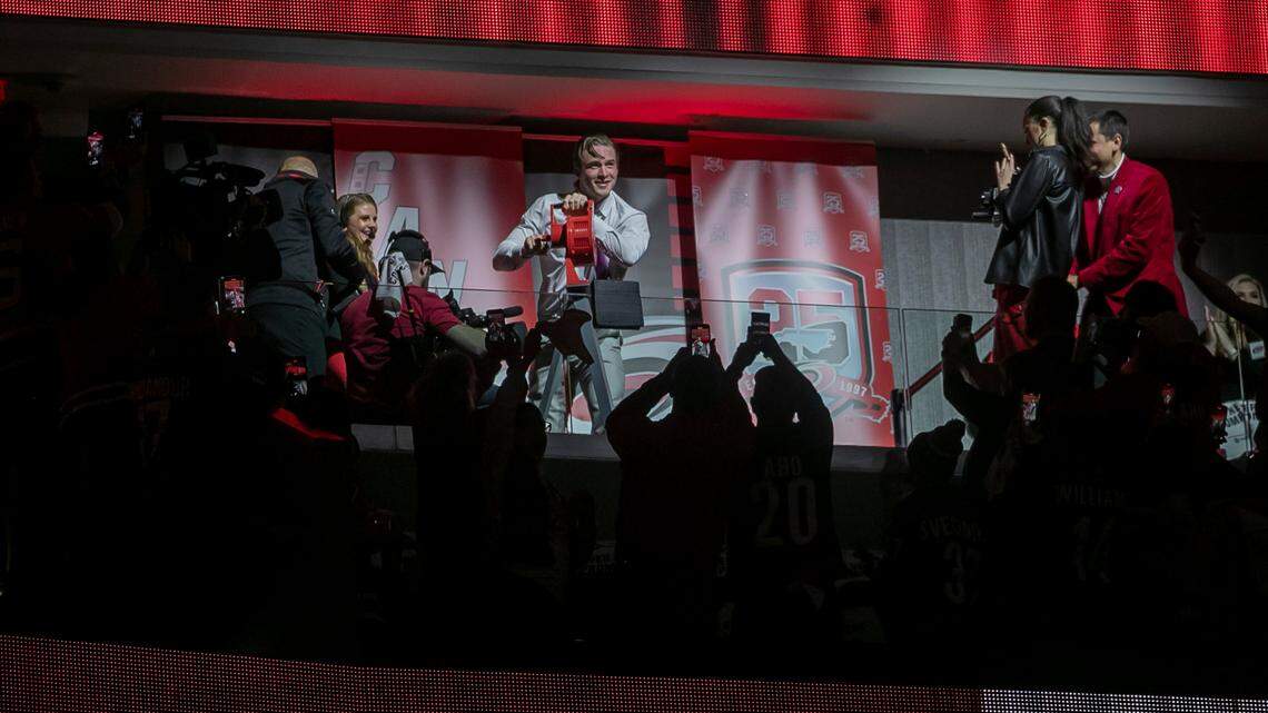 Carolina Hurricanes’ Andrei Svechnikov, out with an injury, sounds the warning siren as his teammates take the ice for their game against the New York Islanders in game one of their first round Stanley Cup series on Tuesday, April 17, 2023 at PNC Arena in Raleigh, N.C.