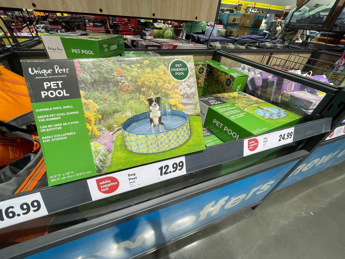 On a recent weekend, items for sale on Lidl grocery store’s random product aisle included inflatable swimming pools for dogs, life jackets for dogs, an outdoor dog water fountain, a dog splash pad, a pet food bowl with a digital scale and a poop scooper.