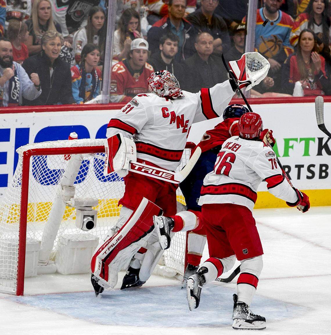 Carolina Hurricanes goalie Frederik Andersen (31) jumps for the puck in the first period against the Florida Panthers during Game 3 of the Eastern Conference Finals on Monday, May 22, 2023 at FLA Live Arena in Sunrise, Fla.
