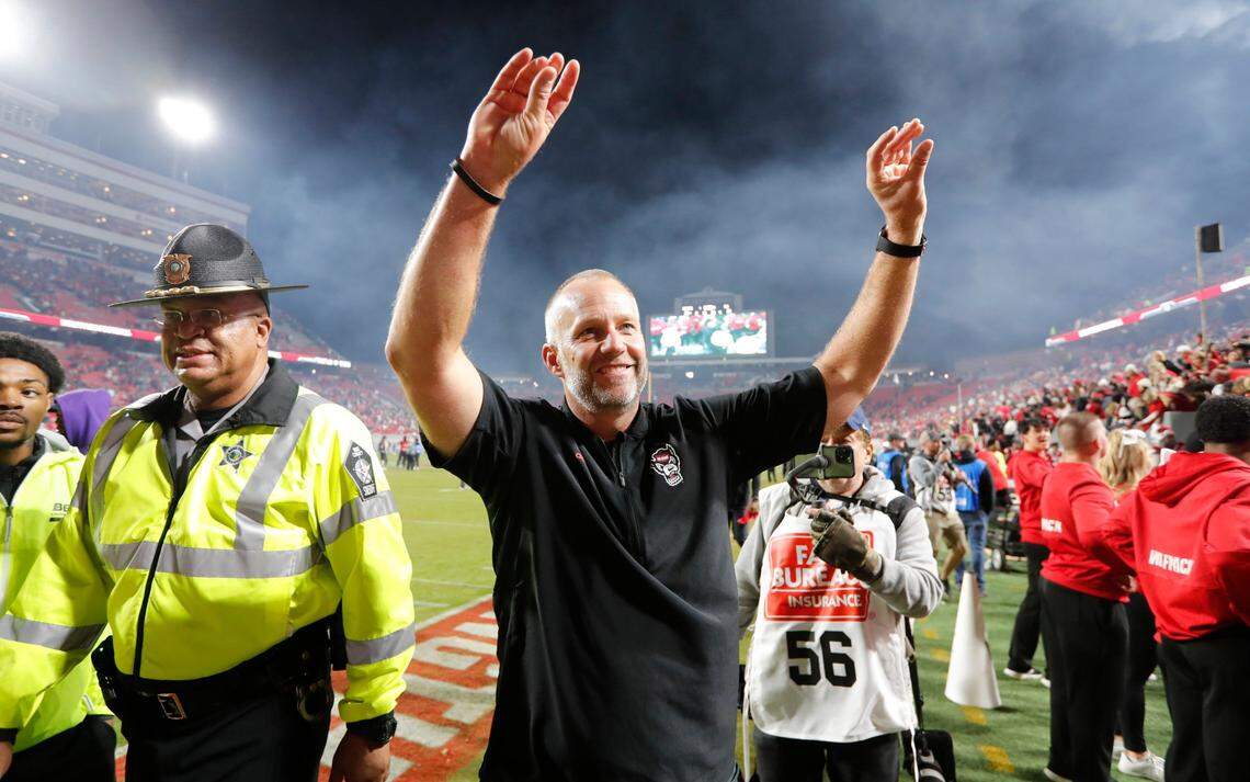 N.C. State head coach Dave Doeren thanks the fans after N.C. State’s 19-17 victory over Florida State at Carter-Finley Stadium in Raleigh, N.C., Saturday, Oct. 8, 2022.
