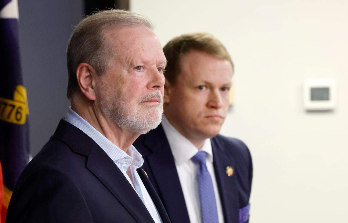 N.C. Senate leader Phil Berger and Rep. Destin Hall listen as NCGOP Chairman Jason Simmons speaks during a press conference at the N.C. Republican Party headquarters in Raleigh, N.C., Wednesday, Nov. 6, 2024.