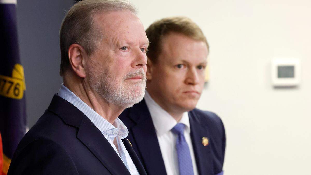 N.C. Senate leader Phil Berger and Rep. Destin Hall listen as NCGOP Chairman Jason Simmons speaks during a press conference at the N.C. Republican Party headquarters in Raleigh, N.C., Wednesday, Nov. 6, 2024.