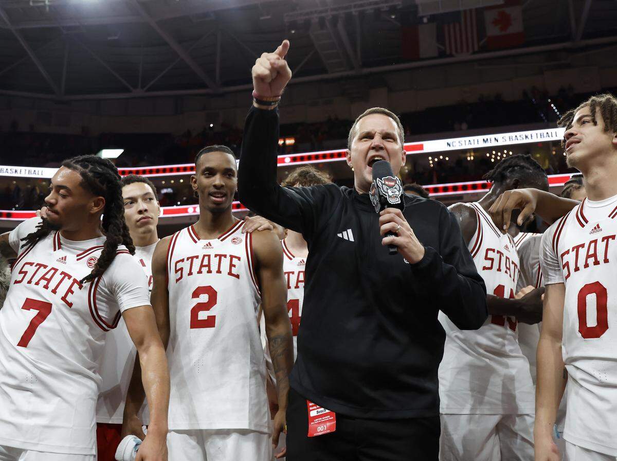 N.C. State head coach Will Wade addresses the crowd following the Wolfpack’s 114-66 win over North Carolina Central at Lenovo Center on Monday, Nov. 3, 2025, in Raleigh, N.C.