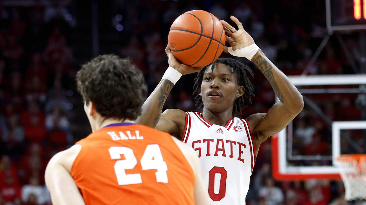 N.C. State’s Terquavion Smith (0) had 10 points in the Wolfpack’s loss to the Tigers at PNC Arena in Raleigh on Feb. 25, 2023.