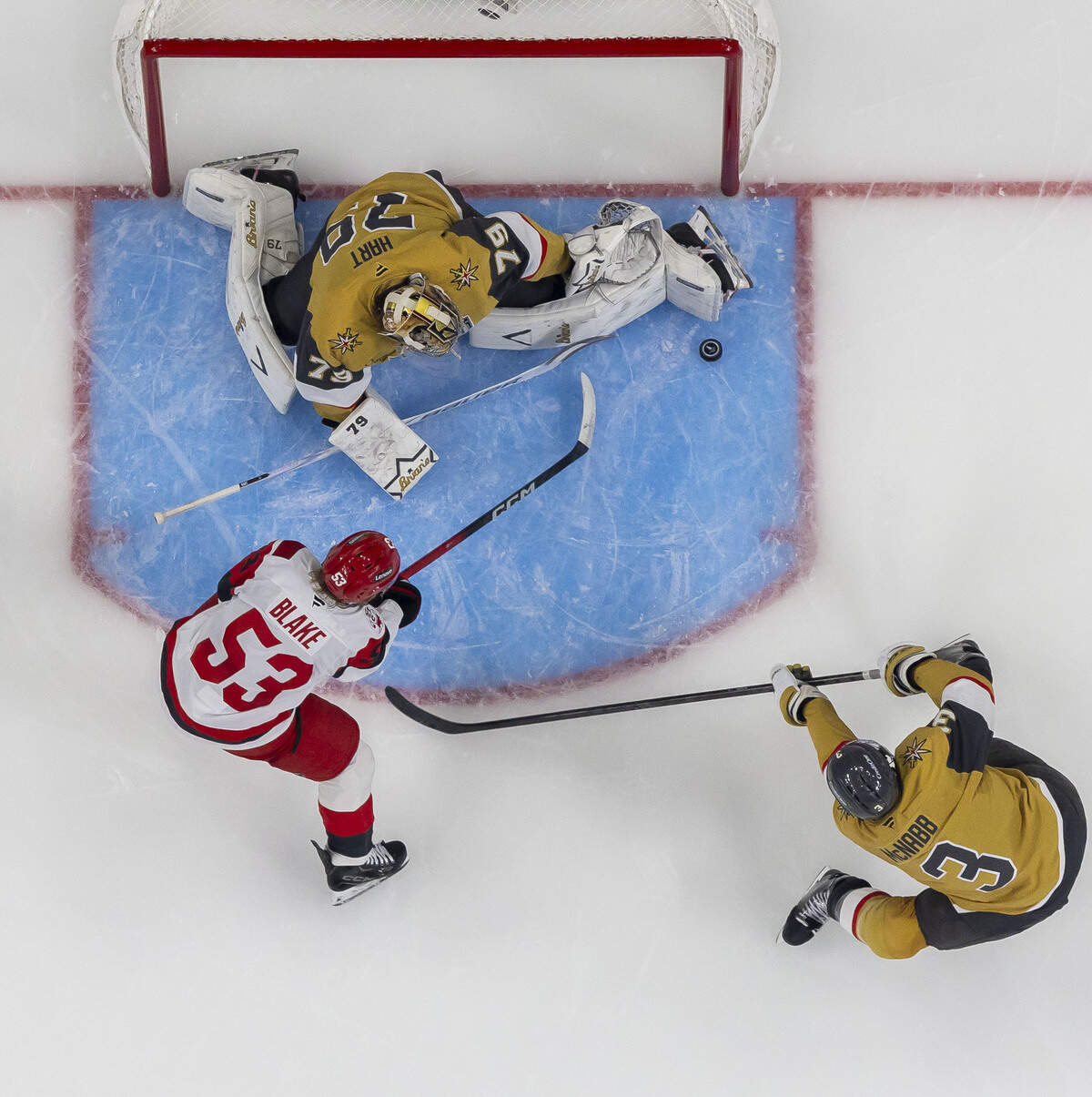 Vegas goalie Carter Hart (79) stops a scoring attempt by right wing Jackson Blake (53) in the second period in Game 4 of the Stanley Cup Final against Vegas, on Tuesday, June 9, 2026 in Las Vegas, NV.