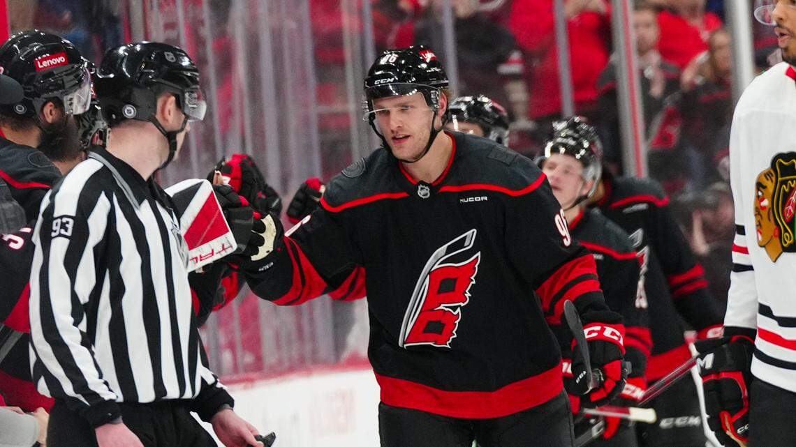 Carolina Hurricanes right wing Mikko Rantanen (96) celebrates his goal against the Chicago Blackhawks during the second period at the Lenovo Center on Thursday.