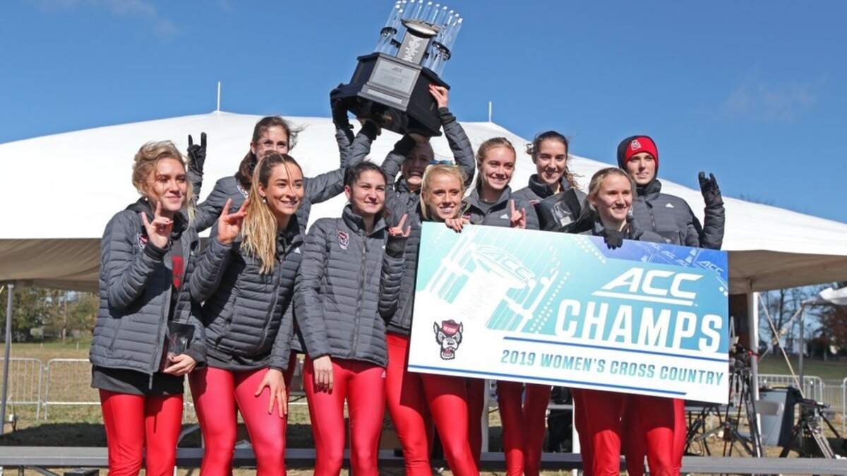 NC State’s women’s cross country team celebrates its ACC championship win on Friday in Blacksburg, Va.