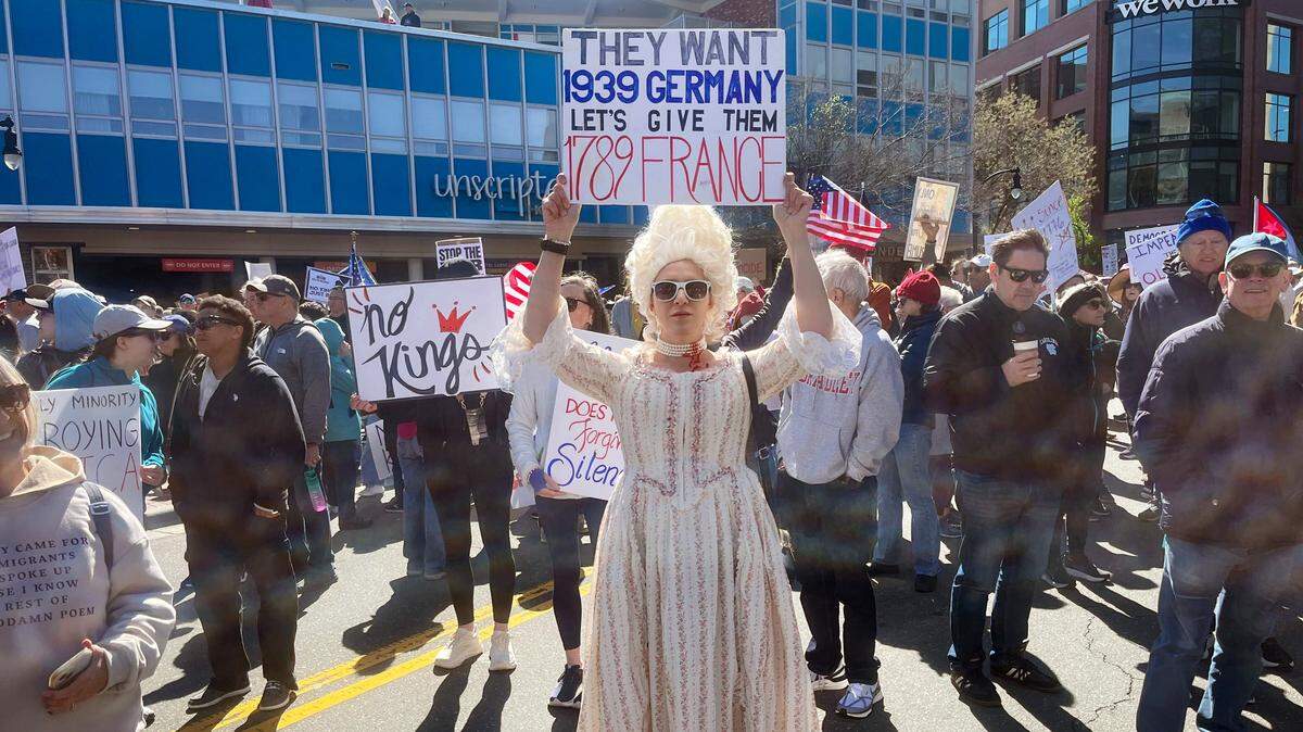 Sara Swartzwelder, visiting family in Durham from New York, dressed as Marie Antoinette, the infamous queen toppled by the French Revolution. Swartzwelder said she saw someone with the “let’s give them 1789 France” sign and thought she'd “kick it up a notch.”