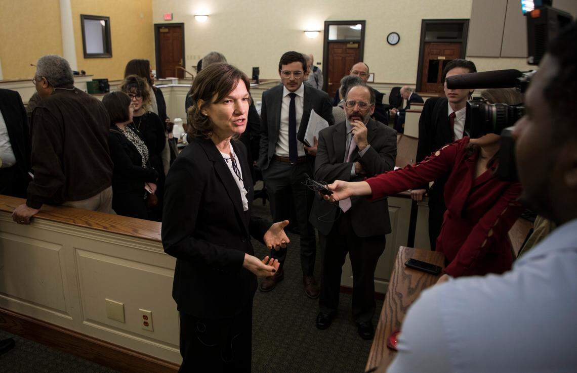 Elizabeth Haddix speaks to the press on Wednesday, Feb. 12, 2020 after an Orange County Superior Court judge voided a $2.5 million settlement payment from UNC to a trust for the Sons of Confederate Veterans to preserve and display the Silent Sam statue.