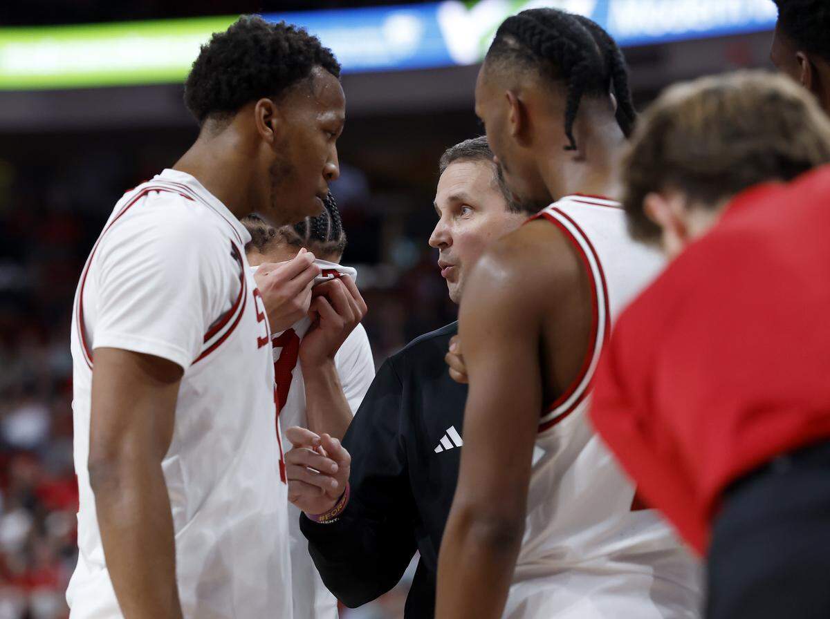 N.C. State head coach Will Wade speaks with his team during the second half of the Wolfpack’s 114-66 win over North Carolina Central at Lenovo Center on Monday, Nov. 3, 2025, in Raleigh, N.C.