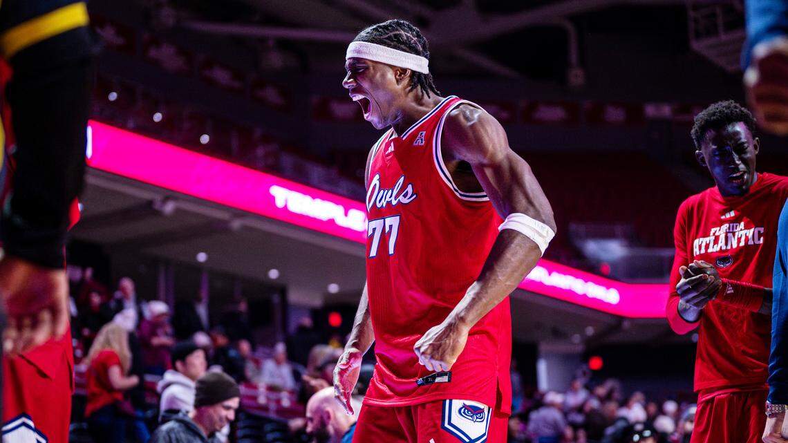 Maxim Logue (77) of the Florida Atlantic Owls celebrates after an NCAA men's basketball game at the Liacouras Center in Philadelphia, United States, on January 18, 2026 