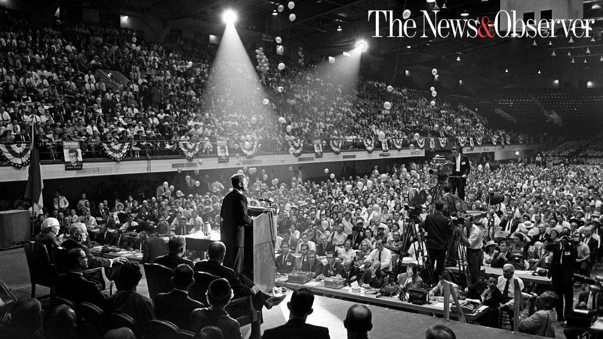 Sen. John F. Kennedy speaks on stage in Reynolds Coliseum in 1960.