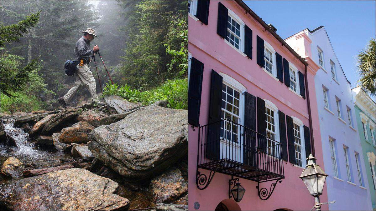 Left, hiking the Mountains-to-Sea Trail at Mt. Mitchell State Park in N.C. and right, Rainbow Row in Charleston, S.C.