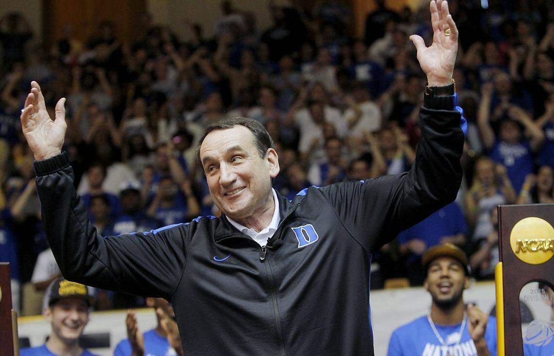 Duke’s Coach Mike Krzyzewski dances in front of a crowd of thousands as he takes the stage at Cameron Indoor Stadium. The Duke Blue Devils basketball team returned to campus heroes on Tuesday, April 7, 2015 after winning the NCAA National Championship in Indianapolis the night before against the Wisconsin Badgers. Students and fans packed Cameron Indoor Stadium in Durham to celebrate the team’s fifth national championship.