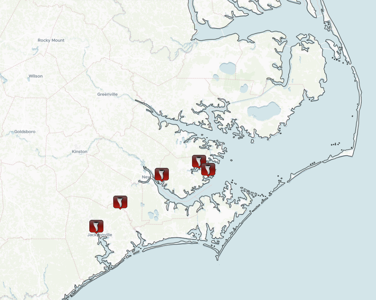 Five tornadoes were reported in eastern North Carolina on Thursday, March 12, 2026.