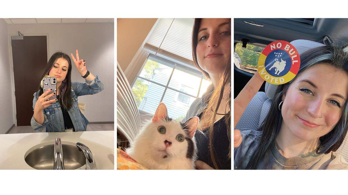 A collection of selfies, from left: in the mirror of the News & Observer bathroom, with Finn the cat, and with a Durham “I voted” sticker from the last primary election.