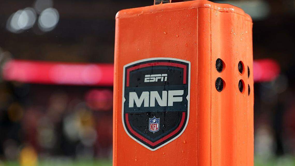LANDOVER, MARYLAND - OCTOBER 13: A detailed view of an ESPN Monday Night Football pylon before the game between the Washington Commanders and the Chicago Bears at Northwest Stadium on October 13, 2025 in Landover, Maryland. (Photo by Scott Taetsch/Getty Images)