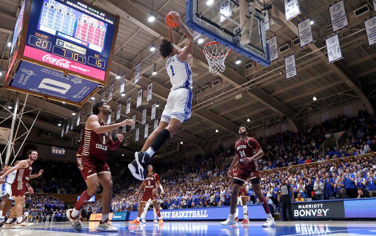 Duke’s Dereck Lively II (1) heads in to slam in two during Duke’s 75-59 victory over Boston College at Cameron Indoor Stadium in Durham, N.C., Saturday, Dec. 3, 2022.