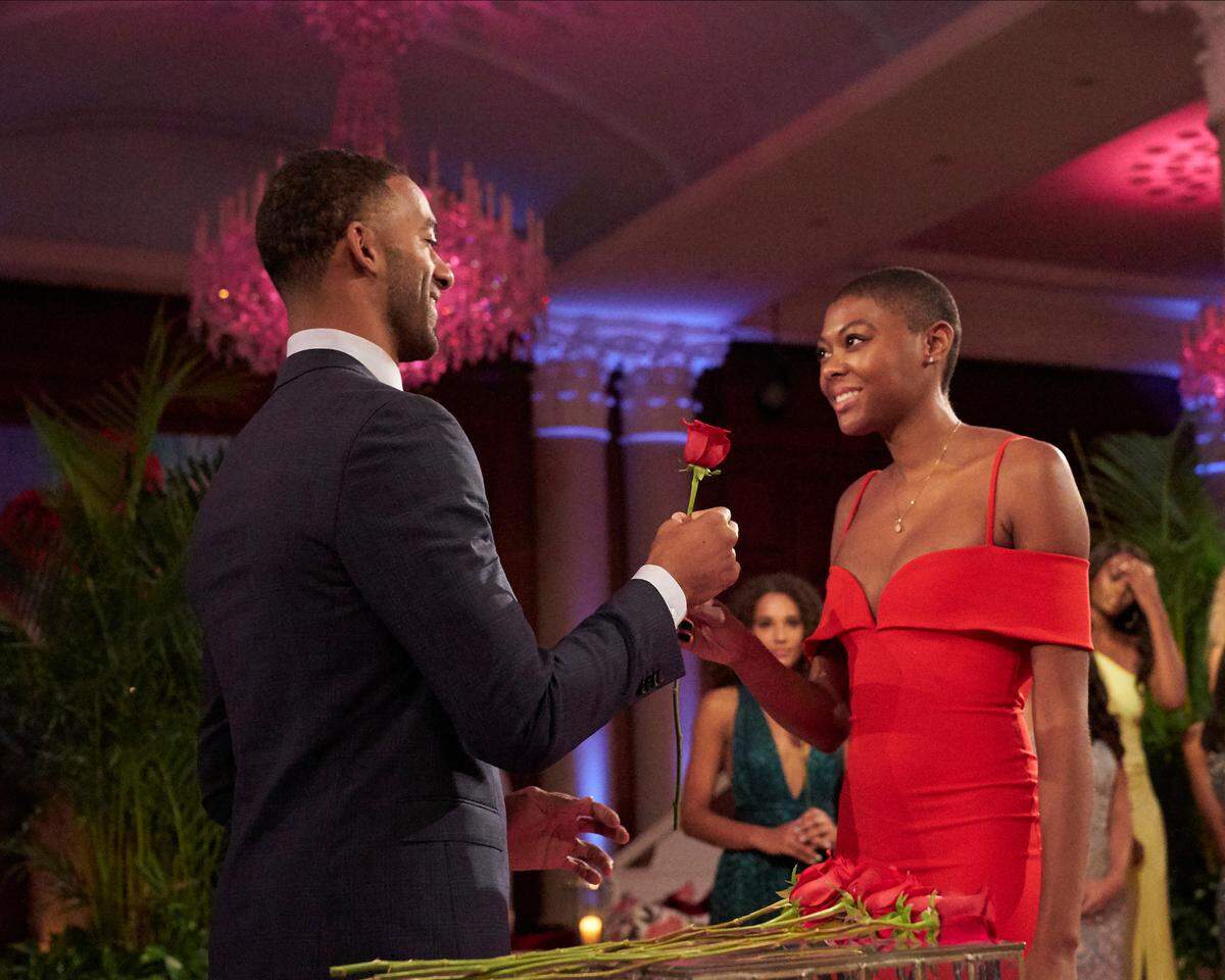 Raleigh native and “Bachelor” star Matt James with Brooklyn runway model Chelsea Vaughn on the Jan. 18, 2021, episode airing on ABC.