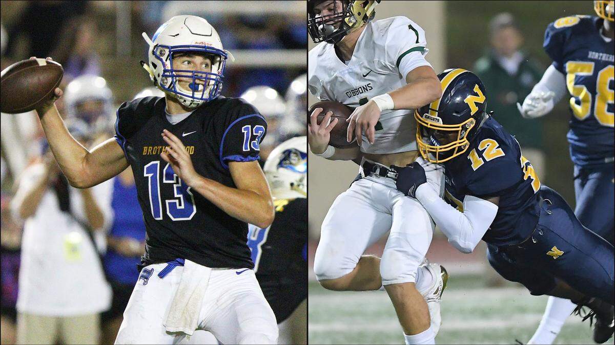 Players who have committed to Duke’s football team include Riley Leonard, left, and Anthony Freeman.