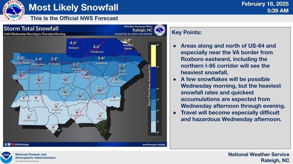 A winter storm arriving in North Carolina Wednesday could bring heavy snow along the Virginia border and a mix of snow, sleet or freezing rain to much of central and Eastern North Carolina.