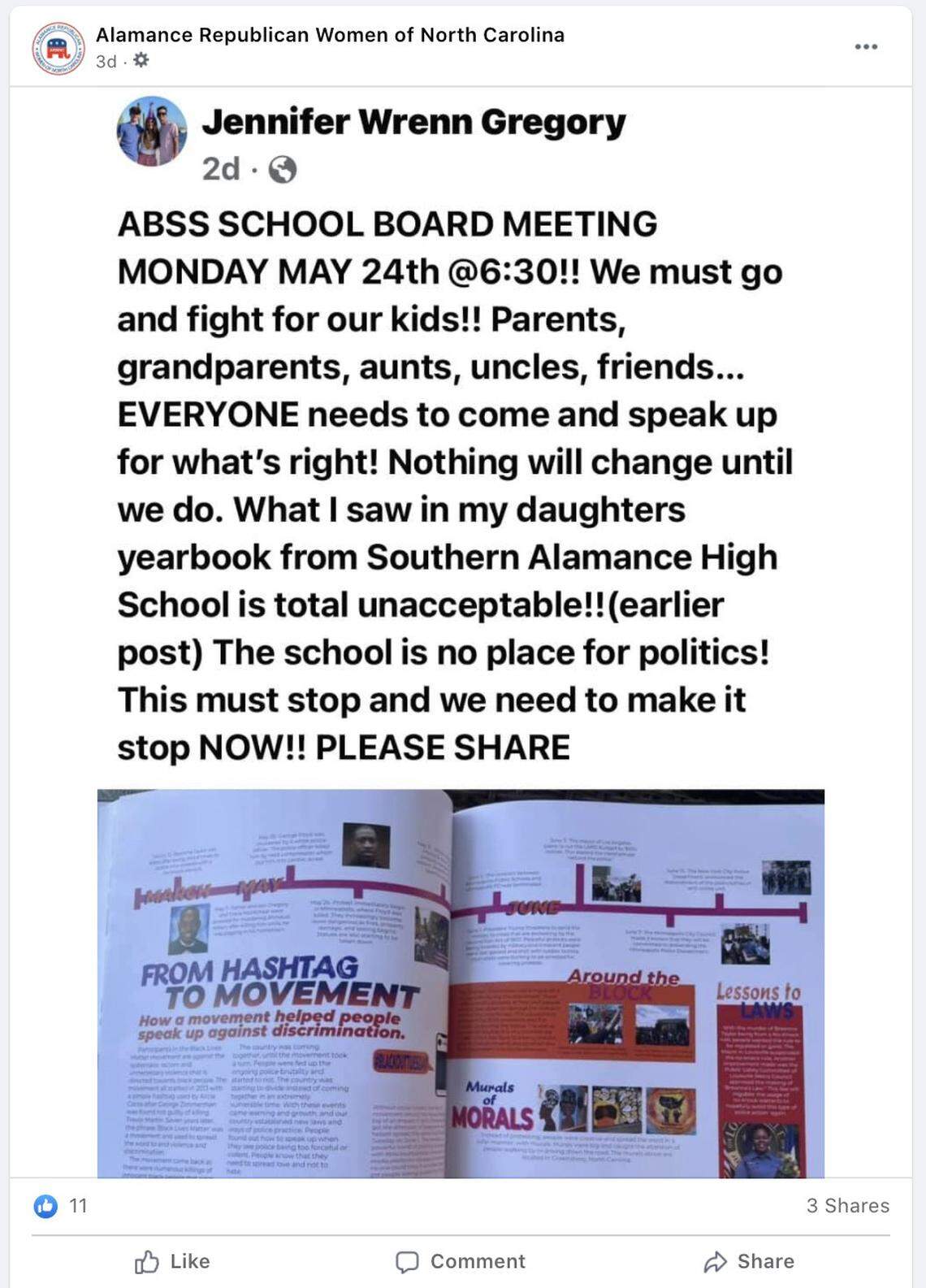 In this Facebook post, Alamance Republican Women of North Carolina reposted a parent’s complaints about a Black Lives Matter story that appeared in this year’s Southern Alamance High School yearbook.
