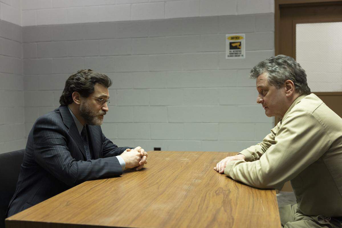 Michael Stuhlbarg as David Rudolf and Colin Firth as Michael Peterson in the HBO Max series “The Staircase.”