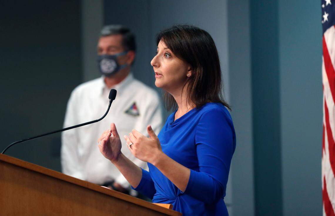 Dr. Mandy Cohen, secretary of the state Department of Health and Human Services, answers a question during a briefing at the Emergency Operations Center in Raleigh, N.C., Wednesday, August 5, 2020.