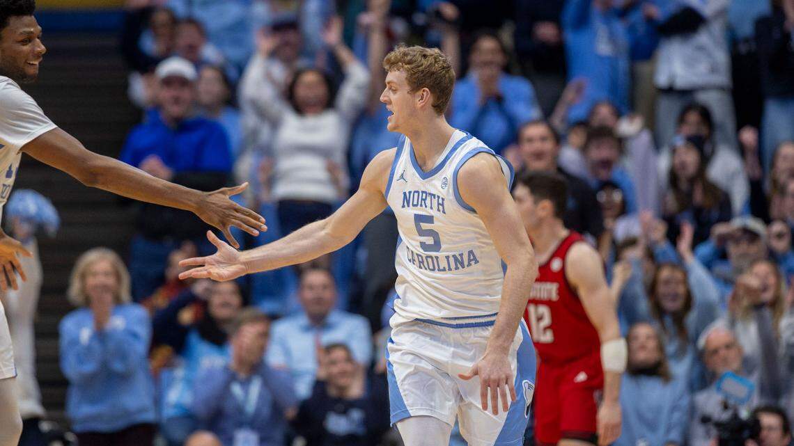 North Carolina forward Cade Tyson (5) reacts after sinking a three-point basket in the first half against N.C. State on Wednesday, February 19, 2025 in Chapel Hill, N.C.