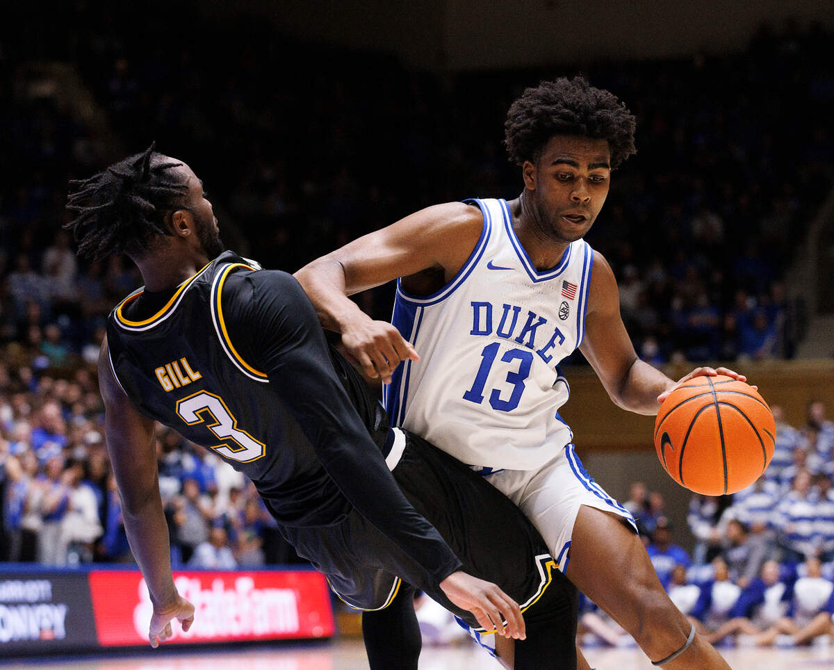 Duke’s Sean Stewart drives against La Salle’s Anwar Gill during the second half of the Blue Devils’ 95-66 win on Tuesday, Nov. 21, 2023, at Cameron Indoor Stadium in Durham, N.C.