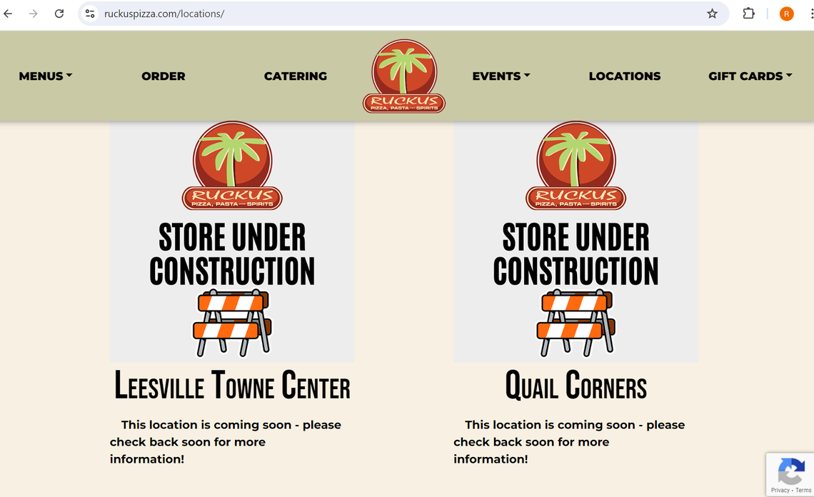 This screen grab, taken Aug. 16, 2024, shows Ruckus Pizza, Pasta & Sushi has two locations “coming soon.”