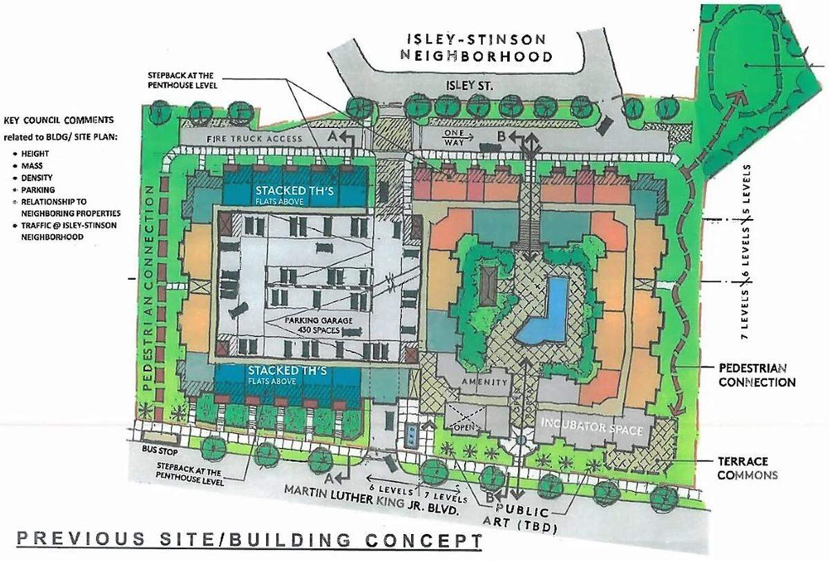 A concept plan for The Flats presented to Chapel Hill’s Town Council in 2021 included 200 apartments with 600 to 650 bedrooms wrapped around a 450-space parking deck.