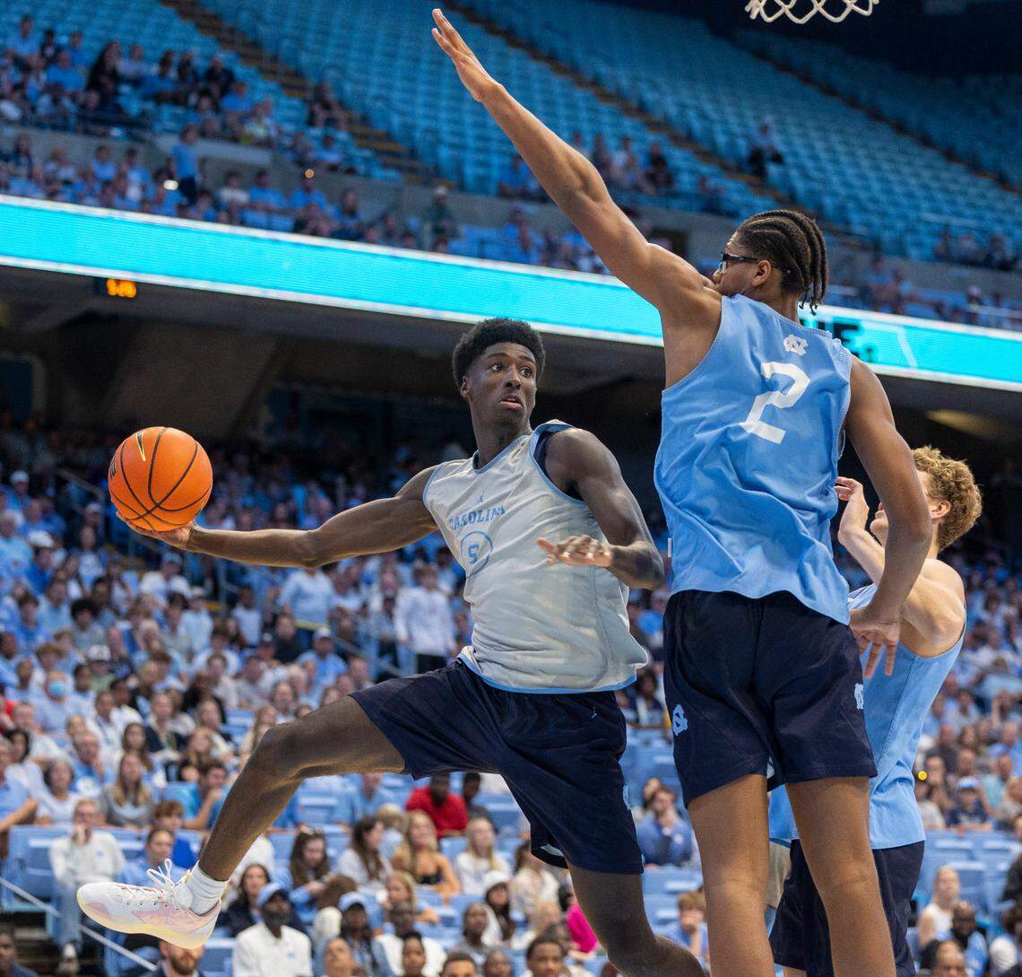 North Carolina’s James Brown (2) defends Drake Powell (9) in the second half during the Tar Heels’ Blue vs. White scrimmage on Saturday, October 12, 2024 at the Smith Center in Chapel Hill, N.C.