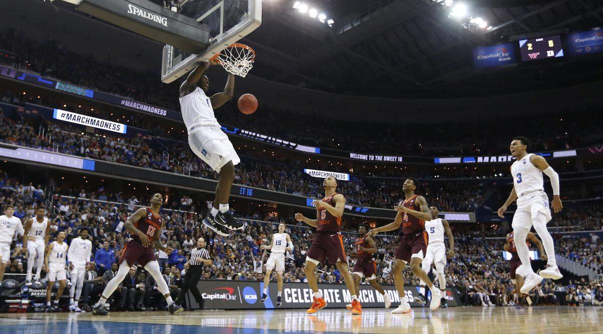 Duke’s Zion Williamson (1) was the consensus college basketball player of the year for the 2018-19 season, in part due to dunks like this one against Virginia Tech.