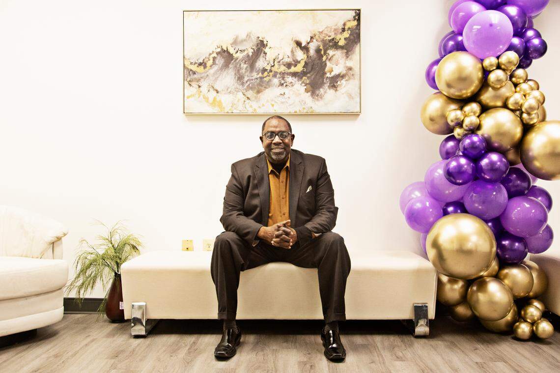 Greater Love Church’s Bishop Harvey Spencer in the building he owns that houses his Raleigh church as well as several other businesses on Monday, Jan. 10, 2022. From the beginning of the pandemic, the church, which has been around for 13 years and had about 150 members pre-pandemic, followed state and federal recommendations and rules. Initially Spencer preached from the back of a pick up truck in the parking lot, but then he transitioned back into the building with masks and social distancing.