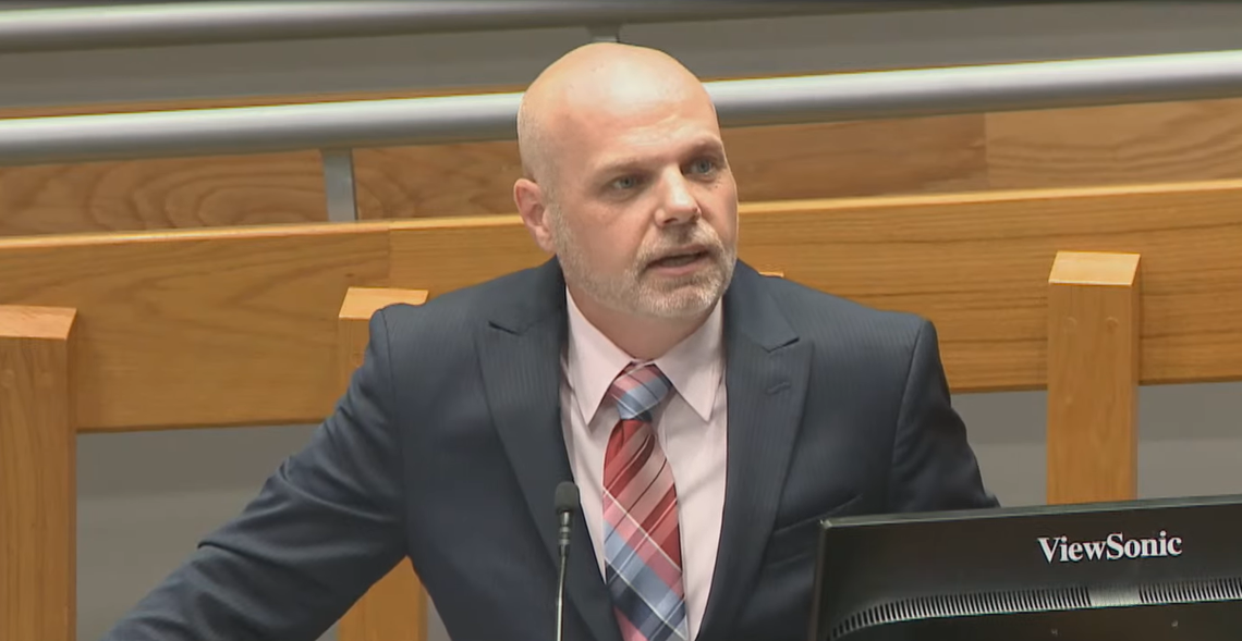 Jarrod Edens speaks at a Durham City Council meeting on May 15, 2023.