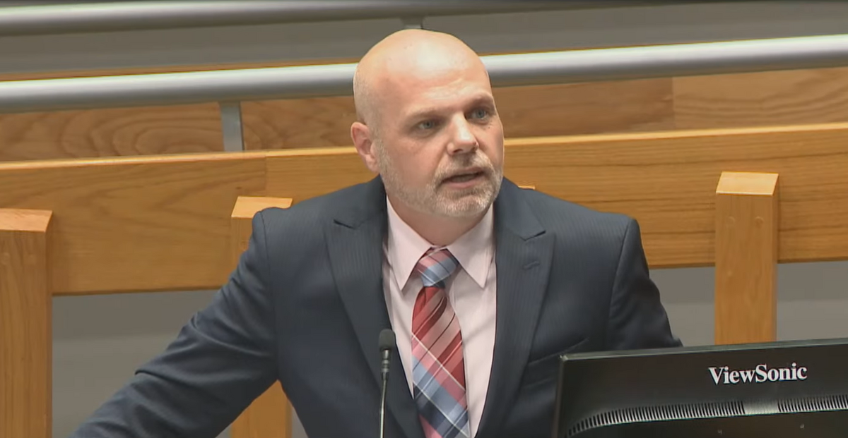 Jarrod Edens speaks at a Durham City Council meeting on May 15, 2023.