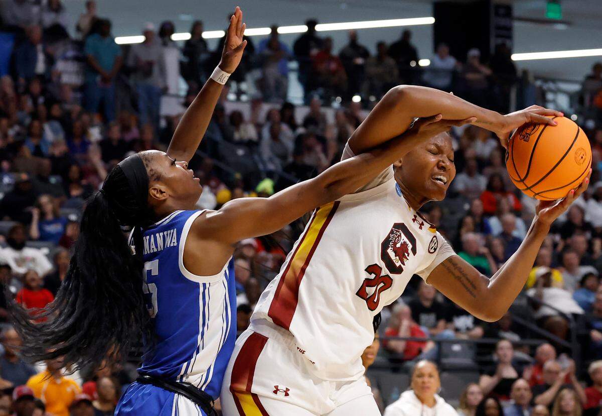 Duke’s Oluchi Okananwa pressures South Carolina’s Sania Feagin during the first half of the Blue Devils’ 54-50 loss in the NCAA Tournament Elite Eight at Legacy Arena on Sunday, March 30, 2025, in Birmingham, Ala.