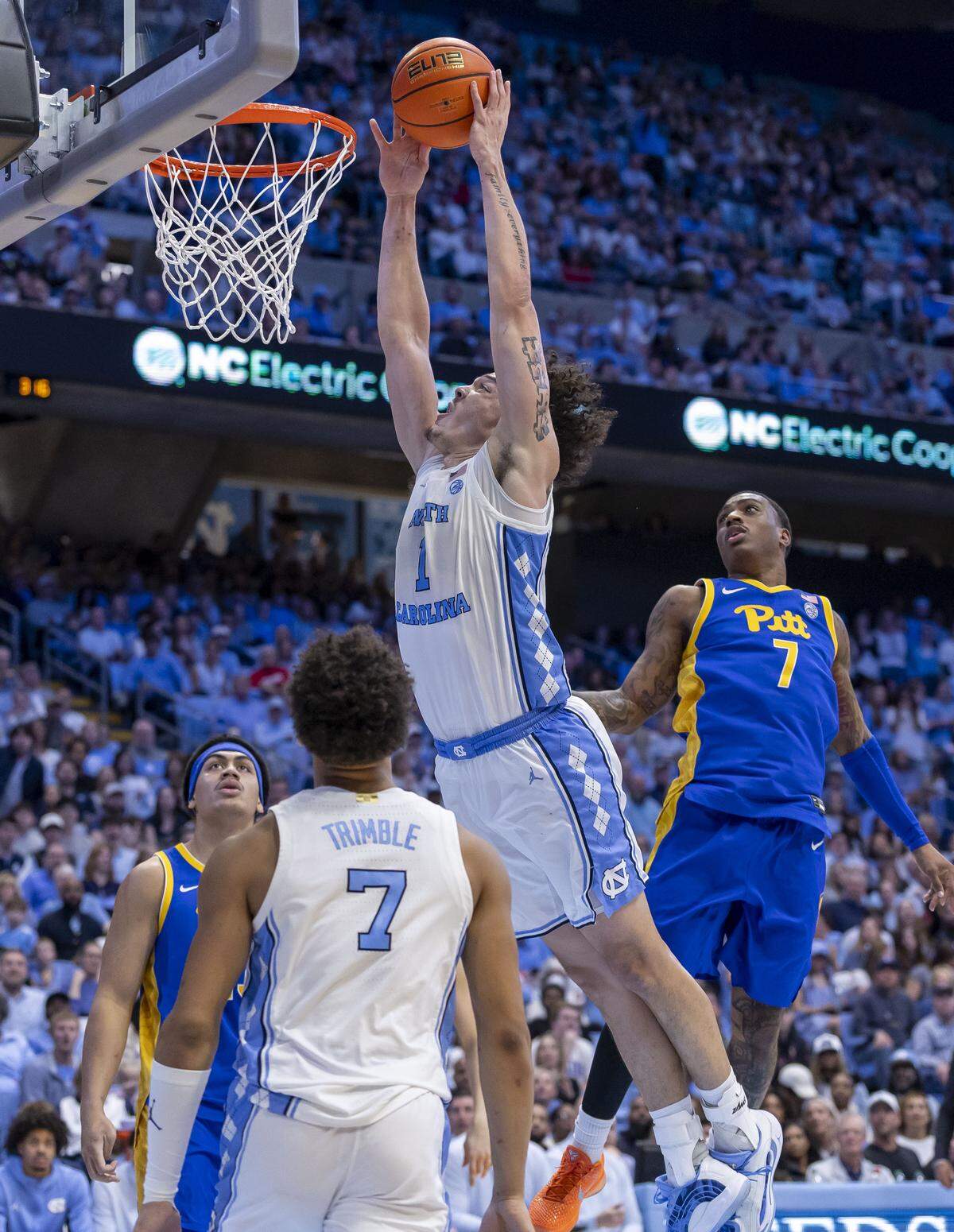 North Carolina center Zayden High (1) breaks to the basket for a dunk in the second half against Pitt on Saturday, February 14, 2026 at the Smith Center in Chapel Hill, N.C. High scored 15 points in the Tar Heels’ victory. 