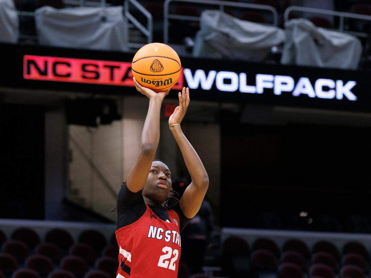 N.C. State’s Saniya Rivers puts up a shot during practice at Rocket Mortgage FieldHouse on Thursday, April 4, 2024, in Cleveland, Ohio. The Wolfpack will face South Carolina in the Final Four on Friday.