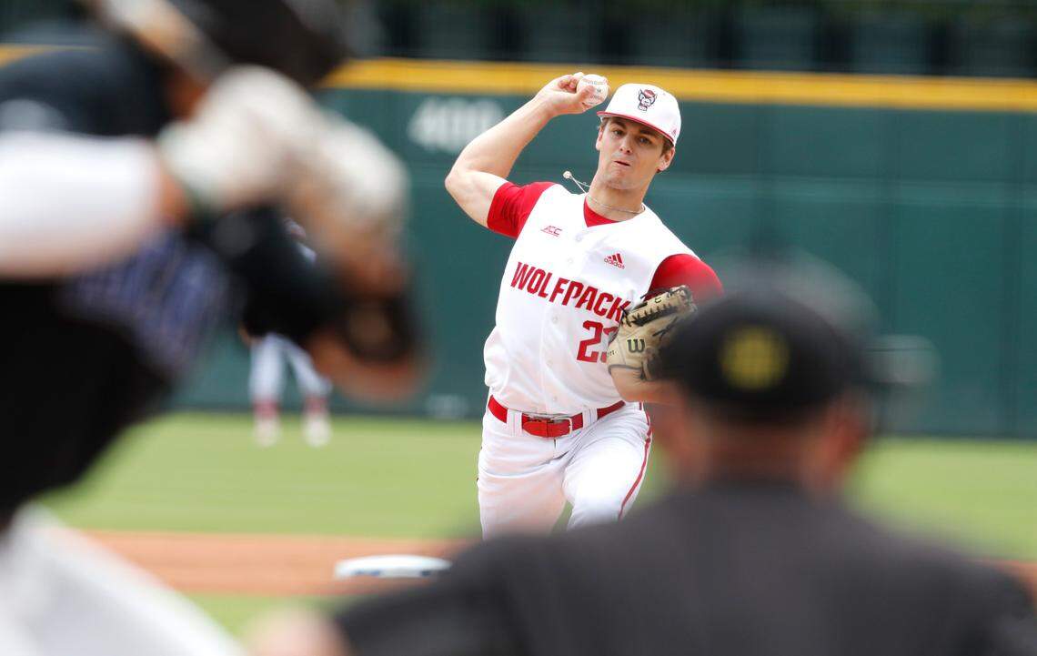 N.C. State’s Matt Willadsen (23) pitches to Duke’s Ethan Murray (1) during N.C. State’s game against Duke in the ACC Baseball Championship at Truist Field in Charlotte, N.C., Sunday, May 30, 2021.