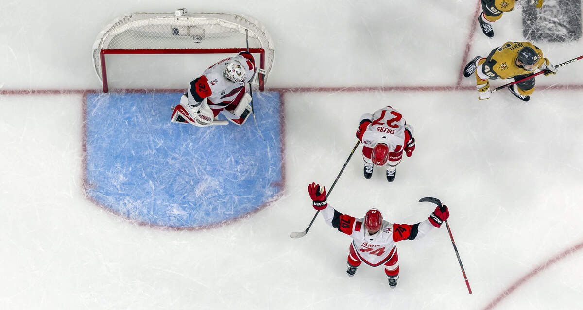 Carolina Hurricanes right wing Seth Jarvis (24) celebrates with left wing Nikolaj Ehlers (27), after Ehlers’ empty net score to secure a 5-3 victory over the Vegas Golden Knights, in the third period of Game 4 of the Stanley Cup Final, on Tuesday, June 9, 2026 in Las Vegas, NV.