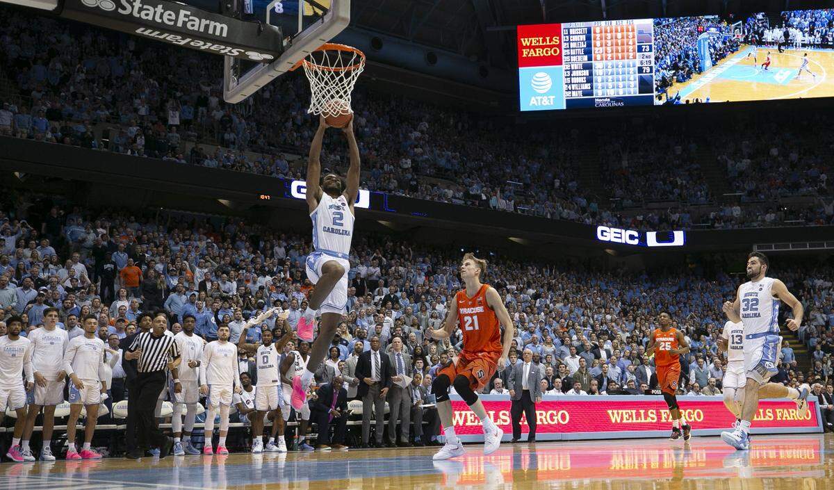 North Carolina’s Coby White (2) gets a dunk on a fast break for for 32 of his game high 34 points against Syracuse on Tuesday, February 26, 2019 at the Smith Center in Chapel Hill, N.C. The Tar Heels defeated Syracuse 93-85.