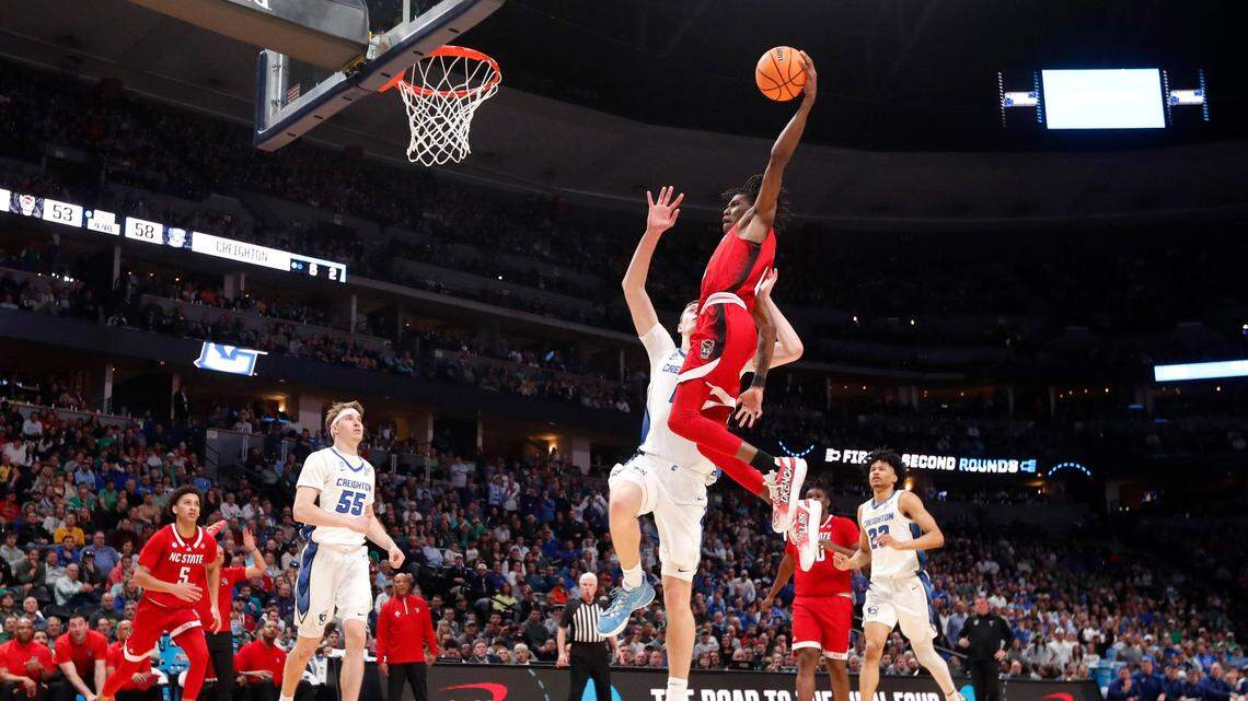 N.C. State’s Terquavion Smith (0) heads in to slam in two during Creighton’s 72-63 victory over N.C. State in the first round of the NCAA Tournament at Ball Arena in Denver, Colo., Friday, March 17, 2023.