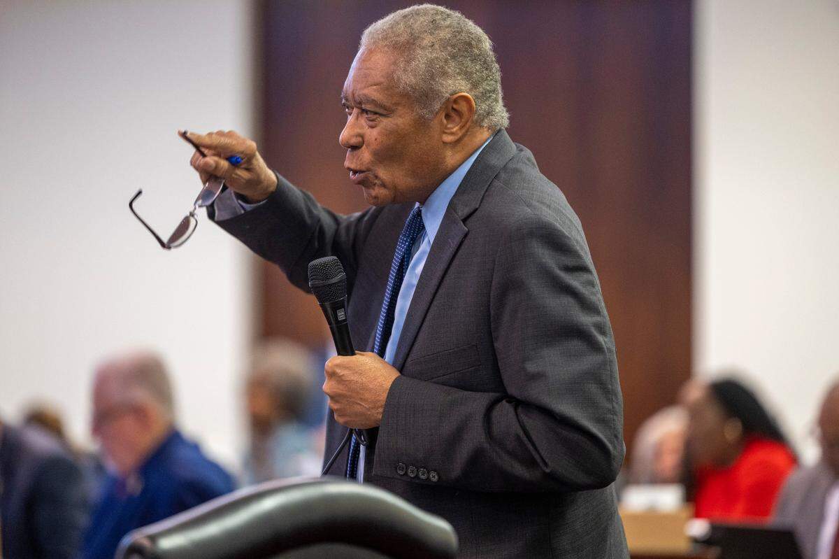 Senator Dan Blue of Wake County addresses the chamber during debate of Senate Bill 758, which redraws the North Carolina Senate districts, on Tuesday, October 24, 2023 at the General Assembly in Raleigh, N.C.