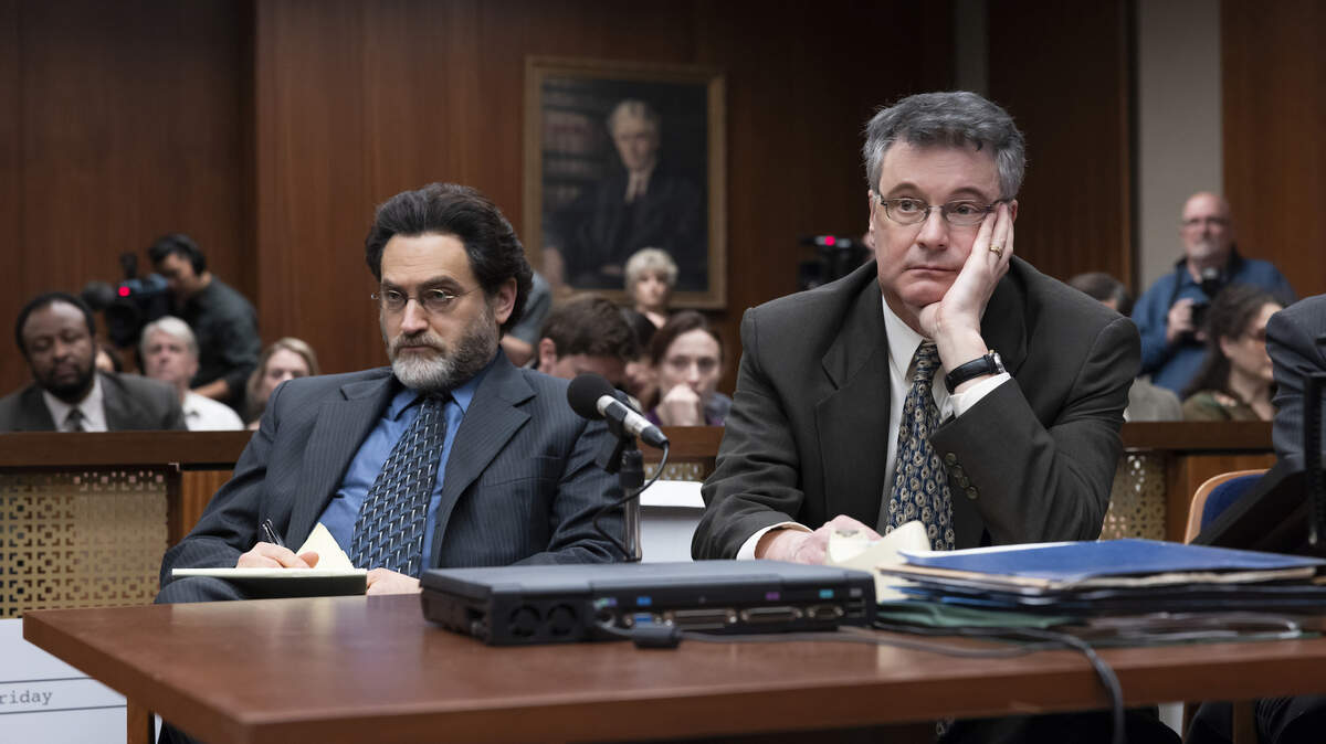 Michael Stuhlbarg as David Rudolf and Colin Firth as Michael Peterson in the HBO Max series “The Staircase.”