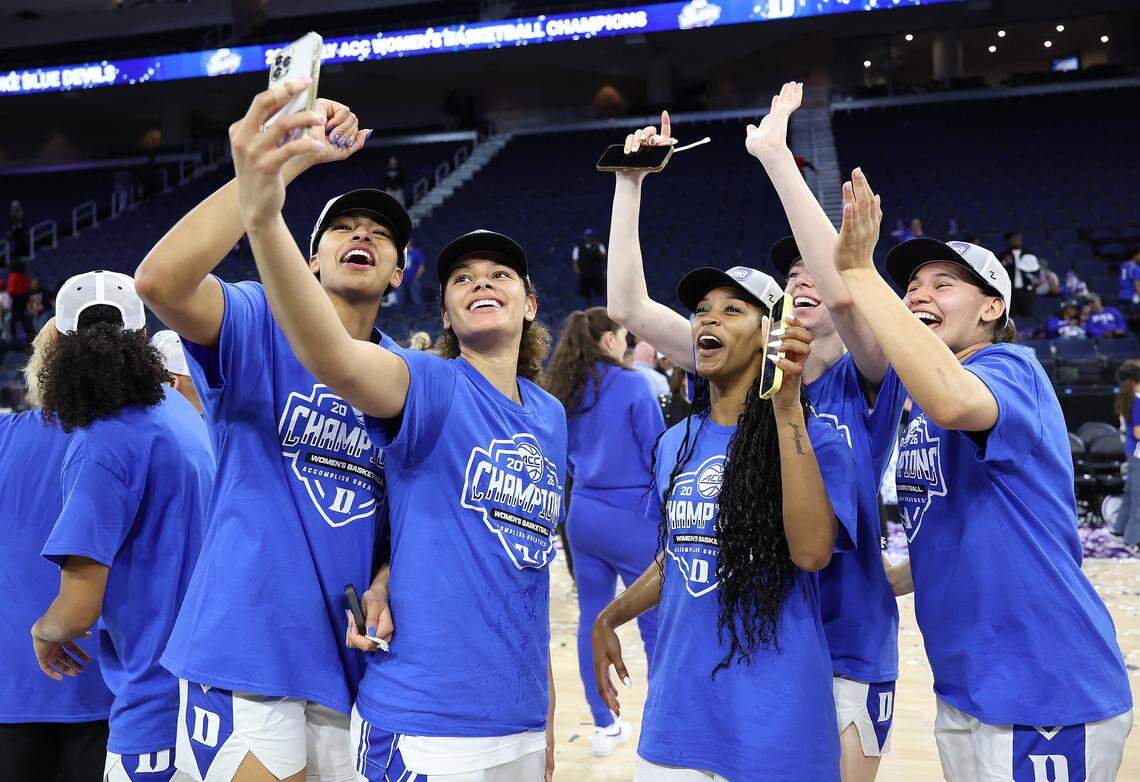 The Duke Blue Devils celebrate winning the Women's ACC Championship over the Louisville Cardinals at Gas South Arena on March 8, 2026 in Duluth, Georgia.