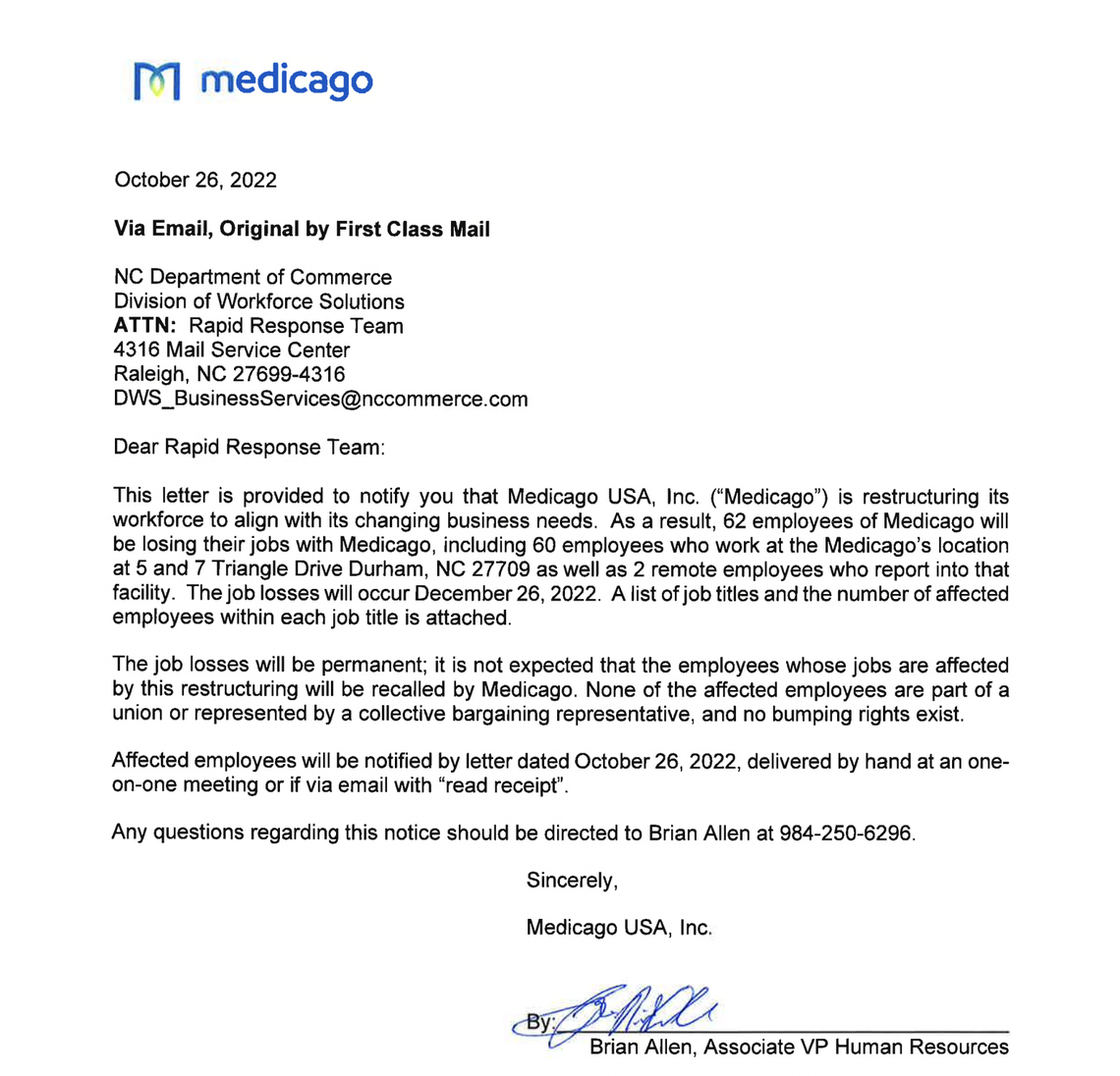 The WARN notice Medicago sent to the North Carolina Department of Commerce on Oct. 26.