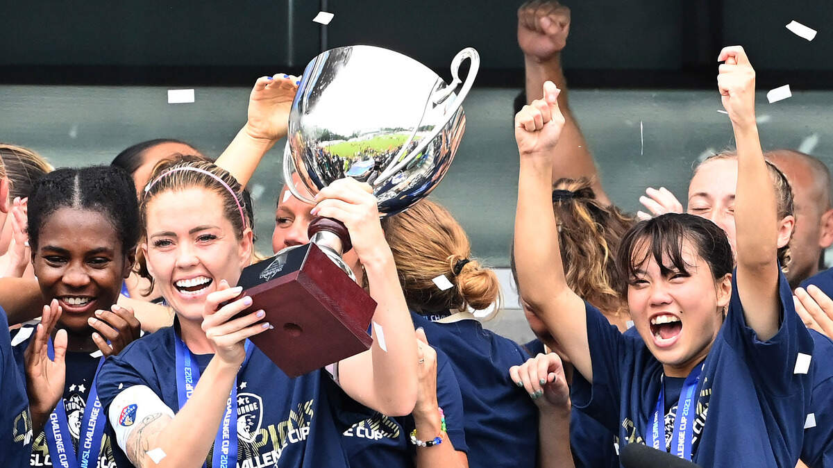 Sep 9, 2023; Cary, North Carolina, USA; North Carolina Courage midfielders Brianna Pinto (8) claps on the left as Denise O’Sullivan (10) holds the trophy and Manaka Matsukubo (34) cheers on the right on the podium at WakeMed Soccer Park.